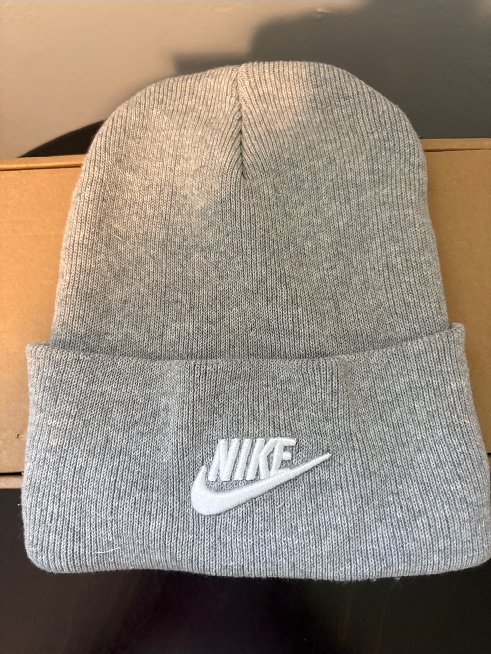 Nike Light Gray Knit Cuffed Beanie with White Embroidered Swoosh